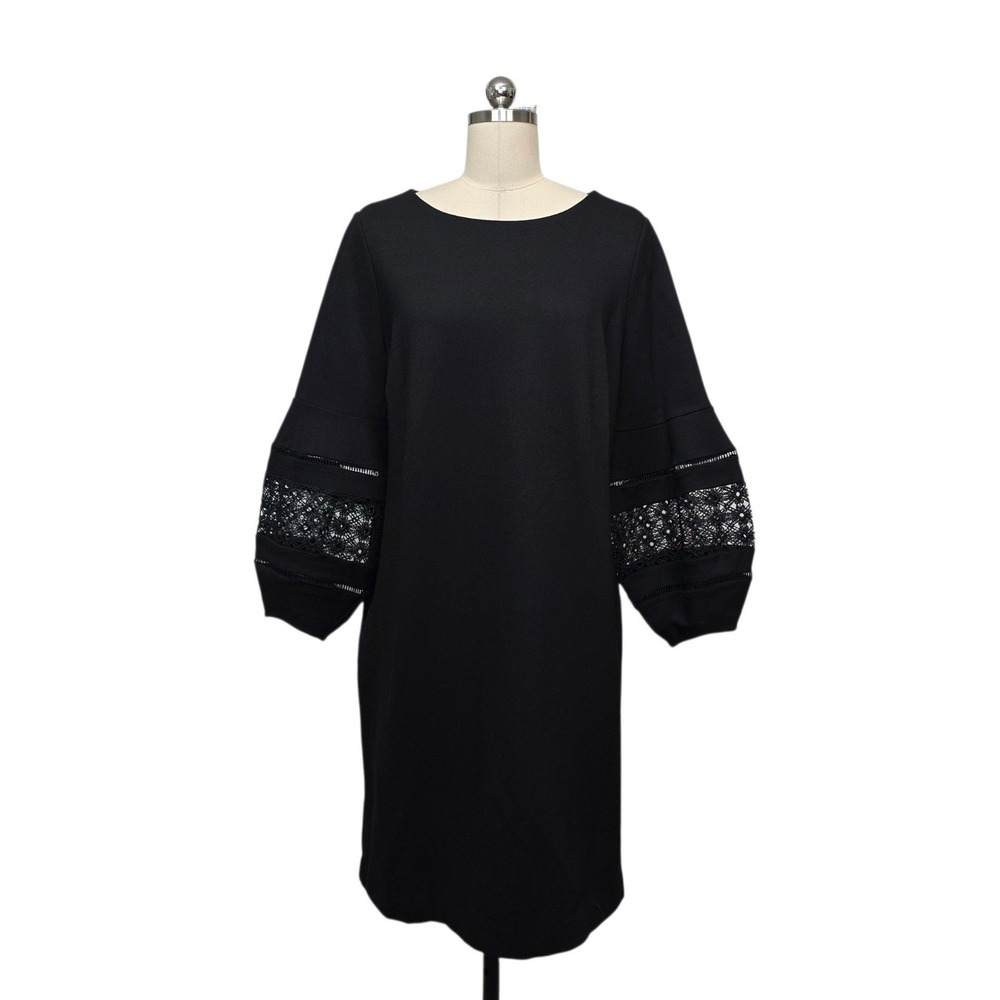 Chicos Black Balloon Sleeve Lace Crochet Insert Shift Dress Size 2 US 12